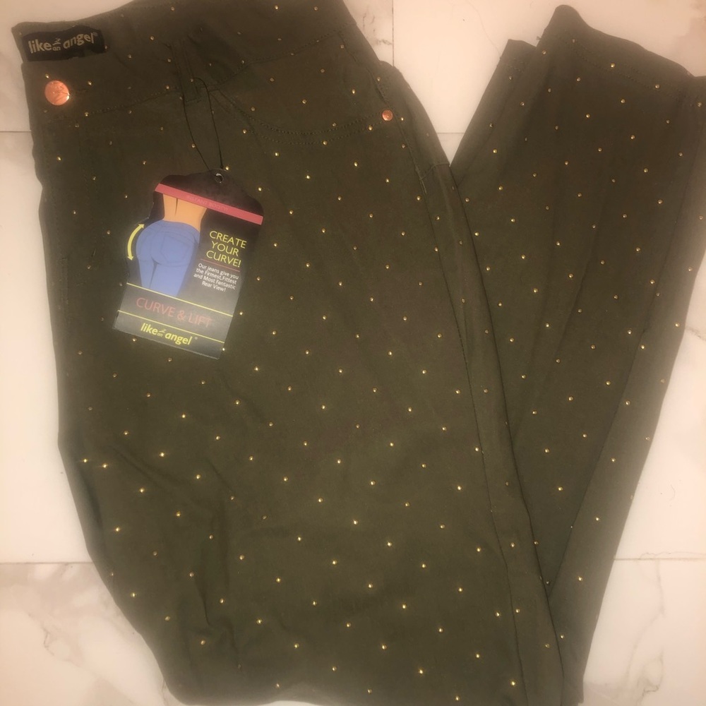 Like an Angel Olive Green Skinny Gold Studded Pant
